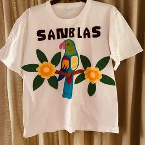 Vintage San Blas Islands Panama Embroidered Bird Tropical White T-Shirt Unisex S